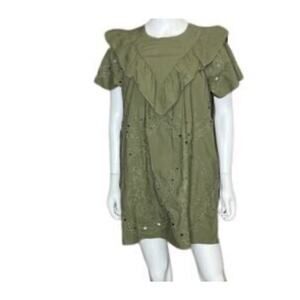 Ellison Ruffled Eyelet Dress Olive Green TD-9287-6 Women's Sz Large Cottage core